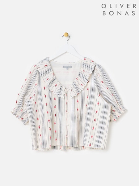 Blue - Oliver Bonas Striped Floral Jacquard Collar Blouse