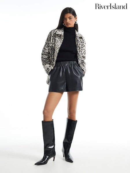 Black - River Island Faux Leather Elasticated Runner Shorts