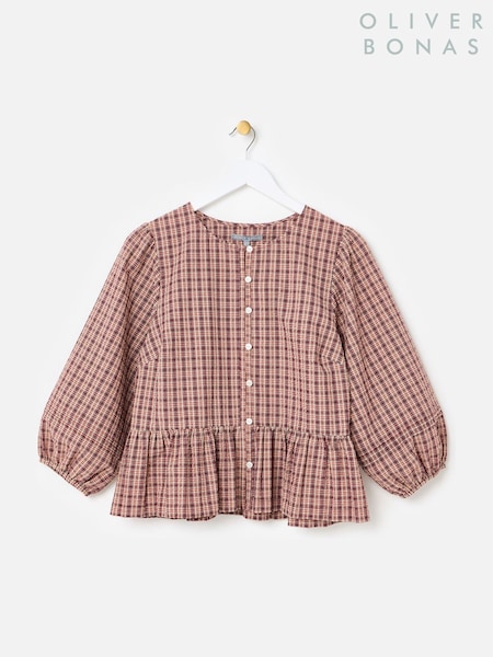 Red - Oliver Bonas Checked Button Up Peplum Blouse