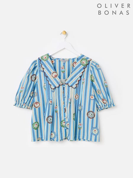 Blue - Oliver Bonas Striped Plate Print Scalloped Collar Blouse