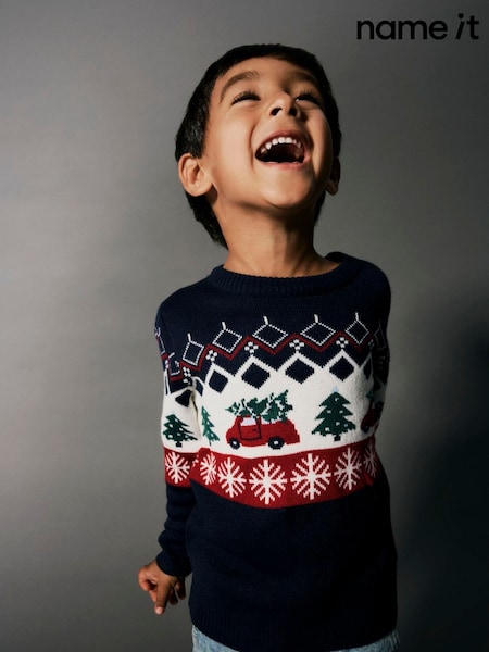 Blue - Name It Car Print Christmas Jumper