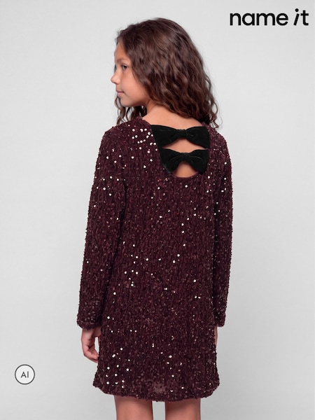 Burgundy Red - Name It Sequin Dress With Velvet Bow Back Detail