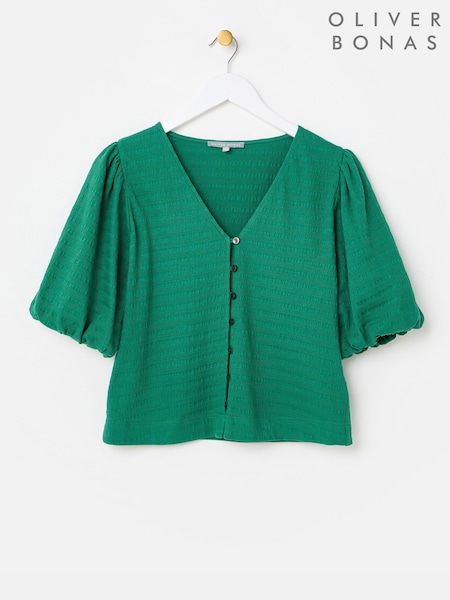 Green - Oliver Bonas Textured Button Up Puff Sleeve Top