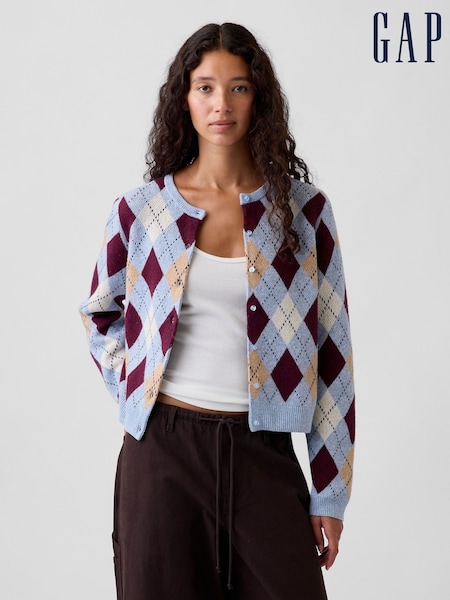 Blue & Burgundy Red Argyle - Gap Cashsoft Crop Cardigan