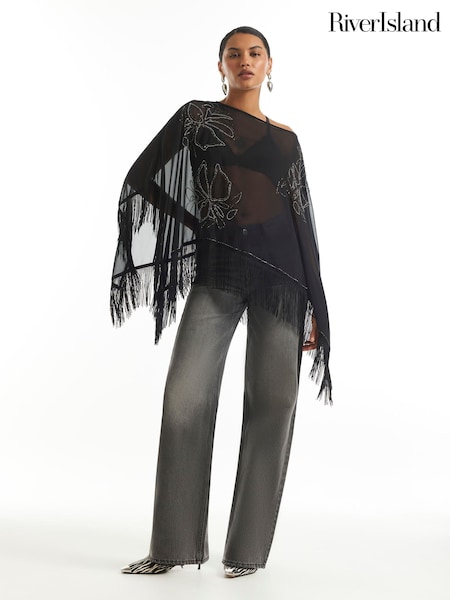 Black - River Island Beaded Tassel Cape Poncho