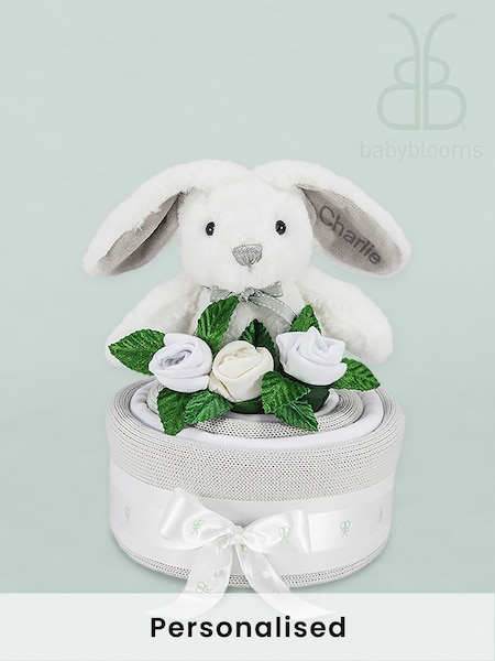 Babyblooms Grey Cake Blanket with Personalised 100% Cotton Baby Bunny Soft Toy Gift (484855) | £75