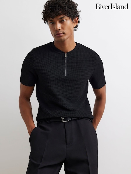 Black - Regular River Island Muscle Fit Textured Henley Polo Shirt