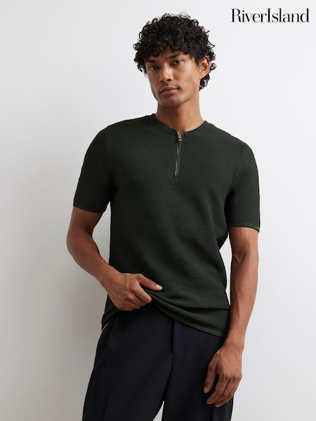Green - Regular River Island Muscle Fit Textured Henley Polo Shirt
