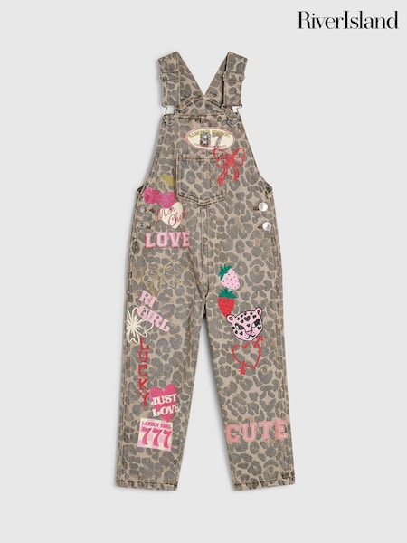 Brown - River Island Leopard Badged Dungarees