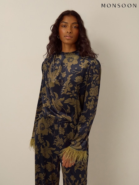 Blue - Monsoon Princella Sleeve Floral Velvet Top