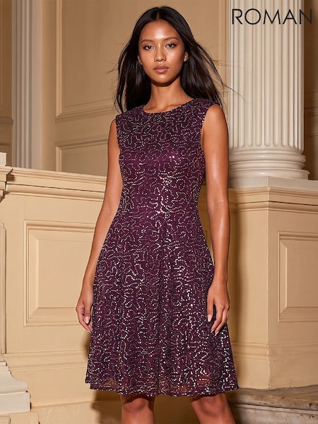 Red - Roman Petite Sequin Lace Dress