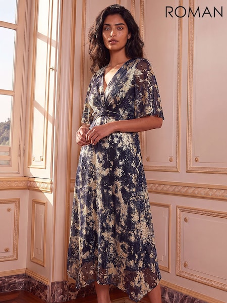 Blue - Roman Flutter Foil Twist Dress