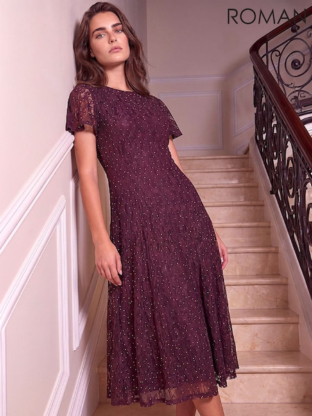Brown - Roman Petite Emb Lace Dress