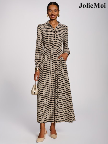 Stone/Black - Jolie Moi Long Sleeve Shirt Jersey Maxi Dress