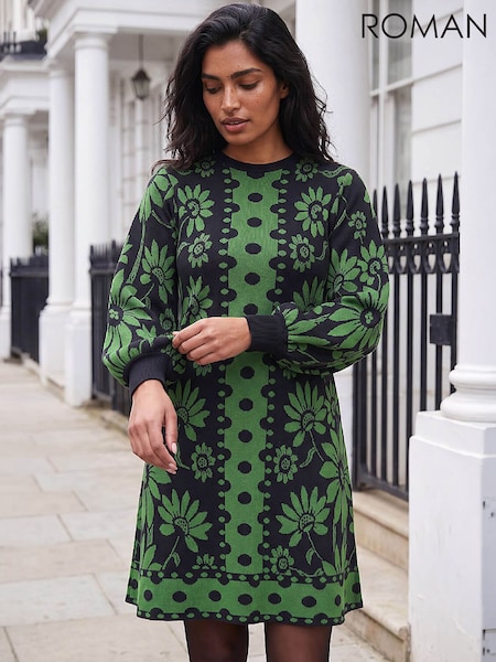 Green - Roman Spot Floral Knit Dress