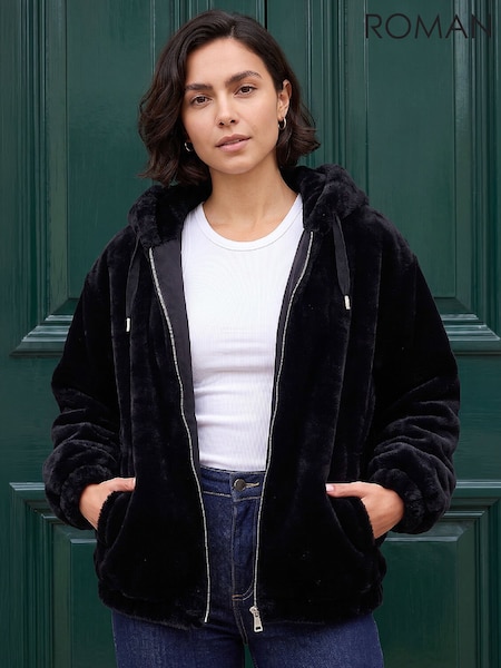 Black - Roman Faux Fur Hood Jacket