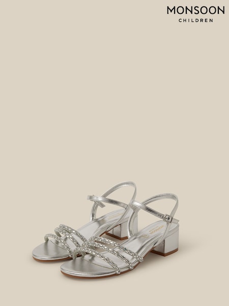 Silver - Monsoon Embellished Strap Metallic Heeled Sandals