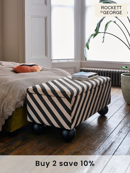 Rockett St George Studio Stripe Velvet Sand and Black The Balls Storage Ottoman Bench (501118) | £350