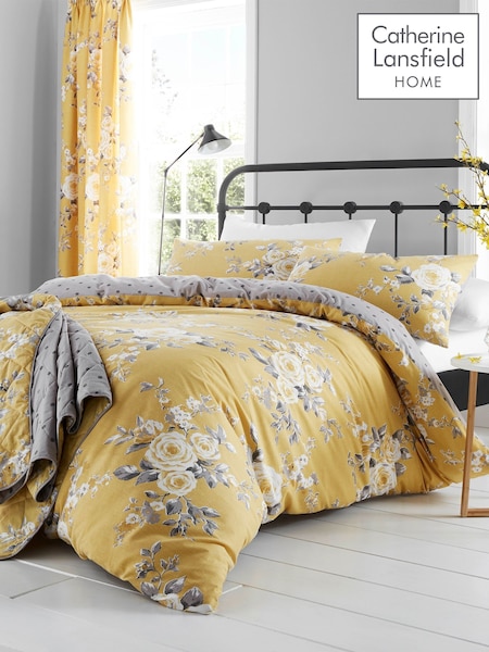 Catherine Lansfield Ochre Yellow Canterbury Floral Duvet Cover and Pillowcase Set (501257) | £17 - £35