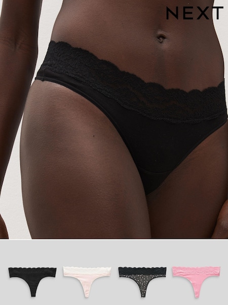 Black/Pink Heart Print Thong Lace Knickers 4 Pack (501908) | £15