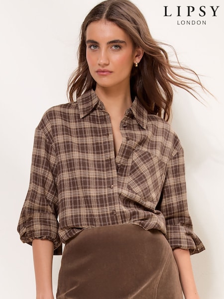 Brown Check - Lipsy Oversized Pocket Detail Shirt
