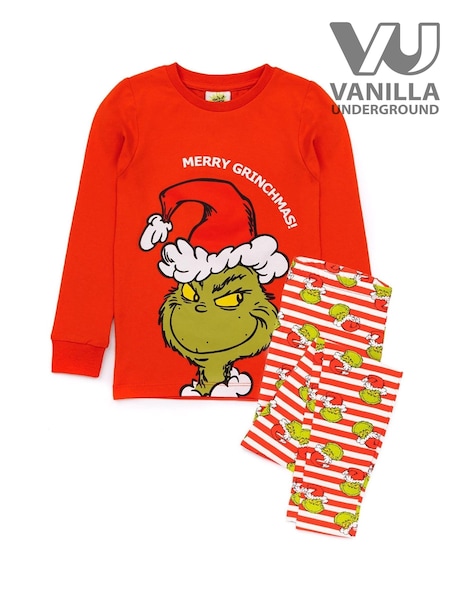 Vanilla Underground Red The Grinch Boys Long Sleeve Long Leg 100% Cotton Pyjamas Christmas Set (502631) | £17