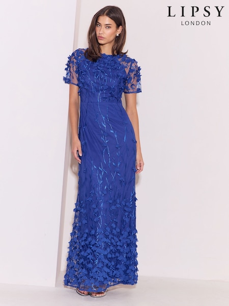 Blue - Lipsy 3d Flower Mesh Sleeve Fit And Flare Maxi Dress
