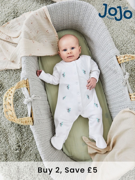 JoJo Maman Bébé White Koala Embroidered Cotton Baby Sleepsuit (507324) | £21