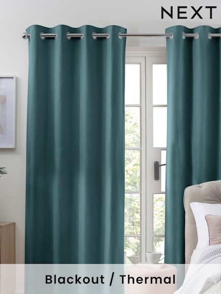 Blue Dark Teal Blackout/Thermal Cotton Eyelet Curtains (507910) | £40 - £105