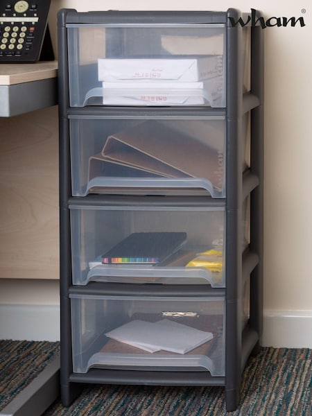 Wham Grey 1 x Deep 4 Drawer Tower Home and Office Storage Organisation (508364) | £33