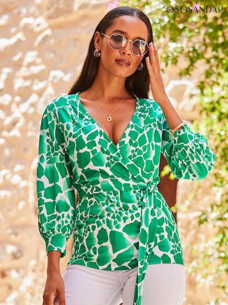Sosandar Green 3/4 Sleeve Blouson Wrap Sleeve Top (508591) | £49