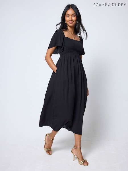 Black - Scamp & Dude Shirred Square Neck Midi Dress