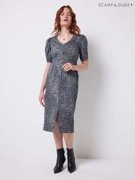 Blue - Scamp & Dude Wild Cheetah Denim Zip Midi Dress