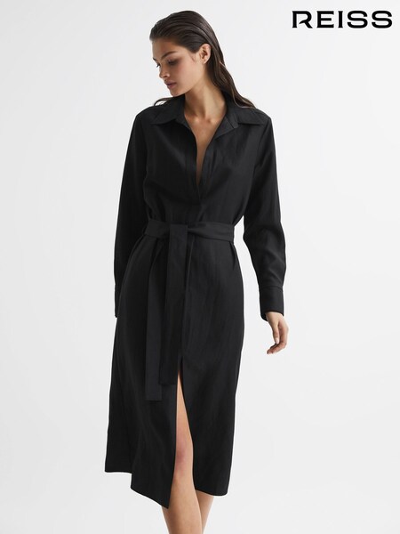 Reiss Black Phoenix Premium Linen Blend Midi Dress (510977) | £89