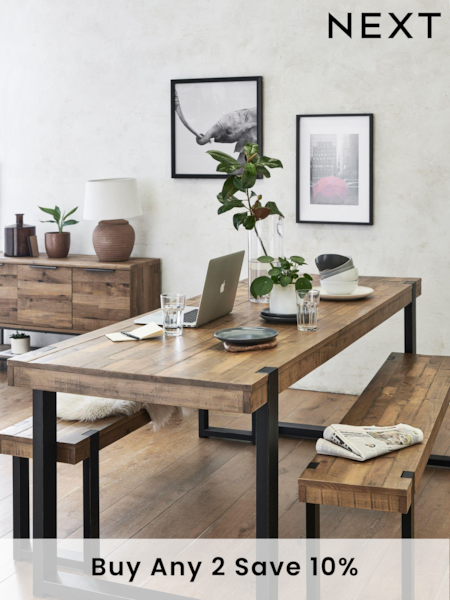 Natural and Black Jefferson Pine 8 Seater Dining Table and Bench Set (512634) | £999