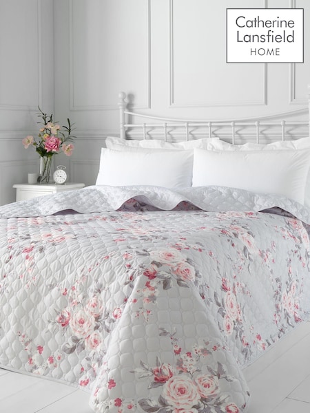 Catherine Lansfield Grey Reversible Canterbury Floral Quilted Bedspread (512741) | £44