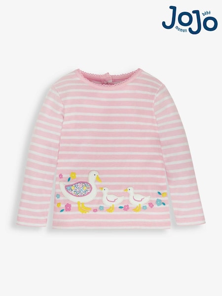JoJo Maman Bébé Pink Stripe Duck Appliqué Top (513400) | £16