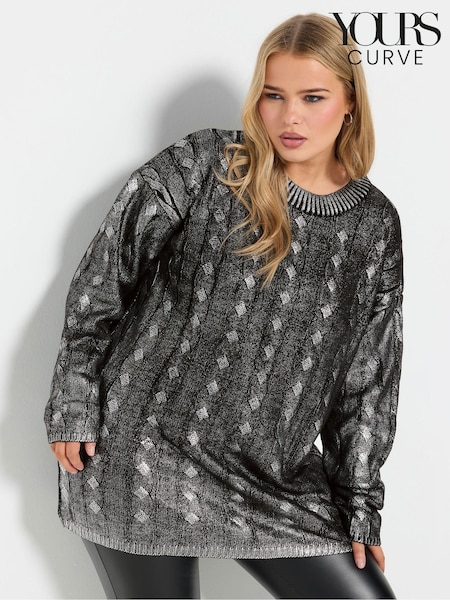 Yours Curve Charcoal Grey Foil Cable Knit Tunic Jumper (514737) | £34