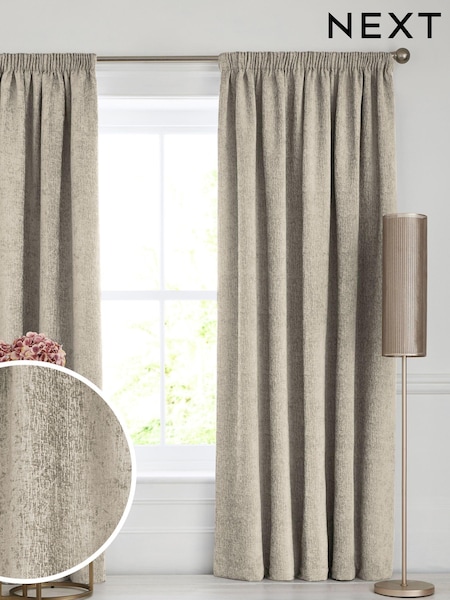 Natural Heavyweight Chenille Pencil Pleat Lined Curtains (514926) | £60 - £175