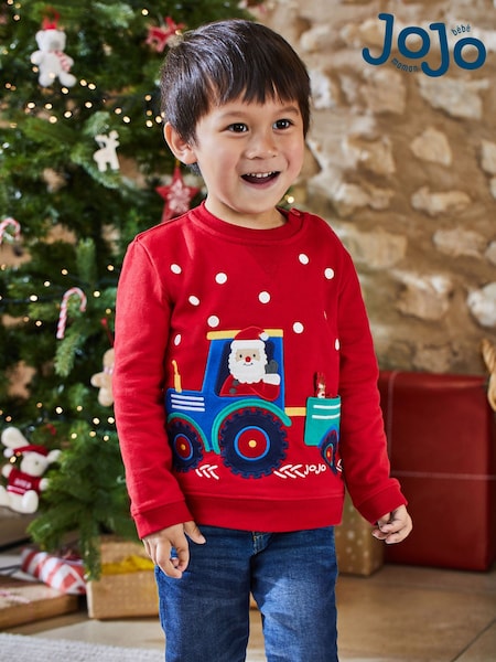 JoJo Maman Bébé Red Santa In A Tractor Appliqué Sweatshirt (514929) | £15