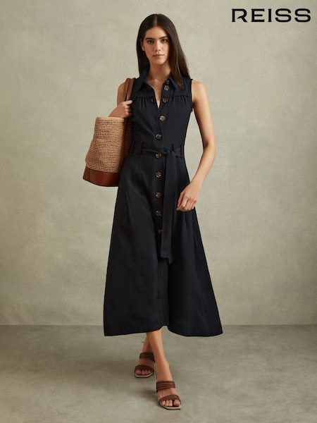 Reiss Navy Heidi Viscose-Linen Belted Midi Dress (515861) | £178