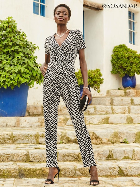 Sosandar Black Light Geometric Print Wrap Front Jumpsuit (516579) | £85
