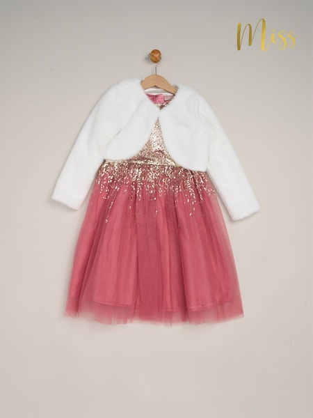 Pink - Miss Waterfall Sequin Dress And Faux Fur Bolero Set