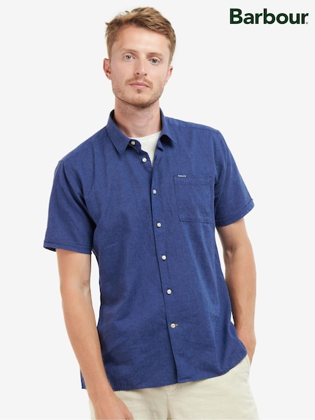 Barbour® Navy Nelson Linen Blend Short Sleeve Shirt (519117) | £65