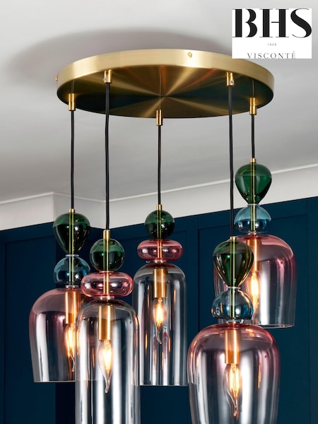 Visconte by BHS Brass Vietri Glass Pendant 5 Light Flush Ceiling Light (521468) | £340