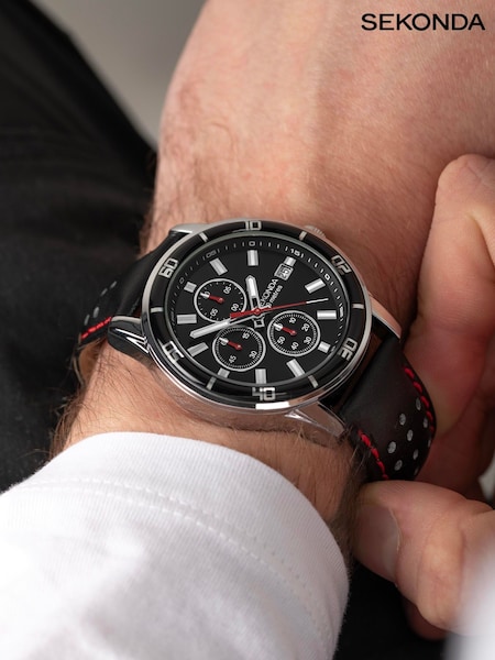 Sekonda Mens Midnight 44mm Analogue Black Watch With Silver Case And Leather Upper Strap With Dial (524423) | £90