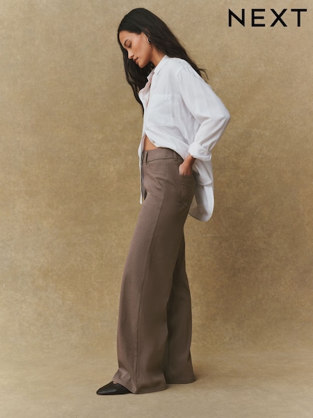Brown - Jersey Denim Wide Leg Trousers