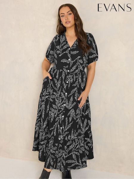 Black - Evans Textured V-neck Button Leaf Print Dress
