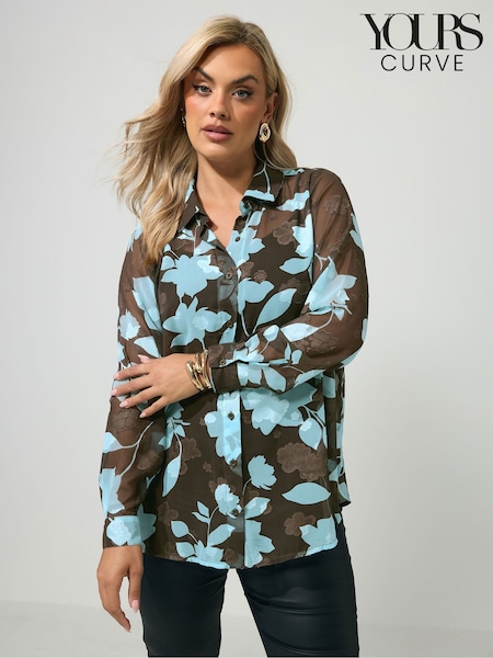 Blue - Yours Curve London Jacquard Floral Shirt