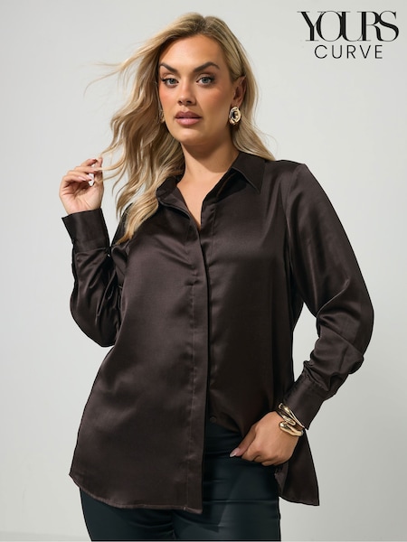 Brown - Yours Curve London Satin Open Collar Shirt